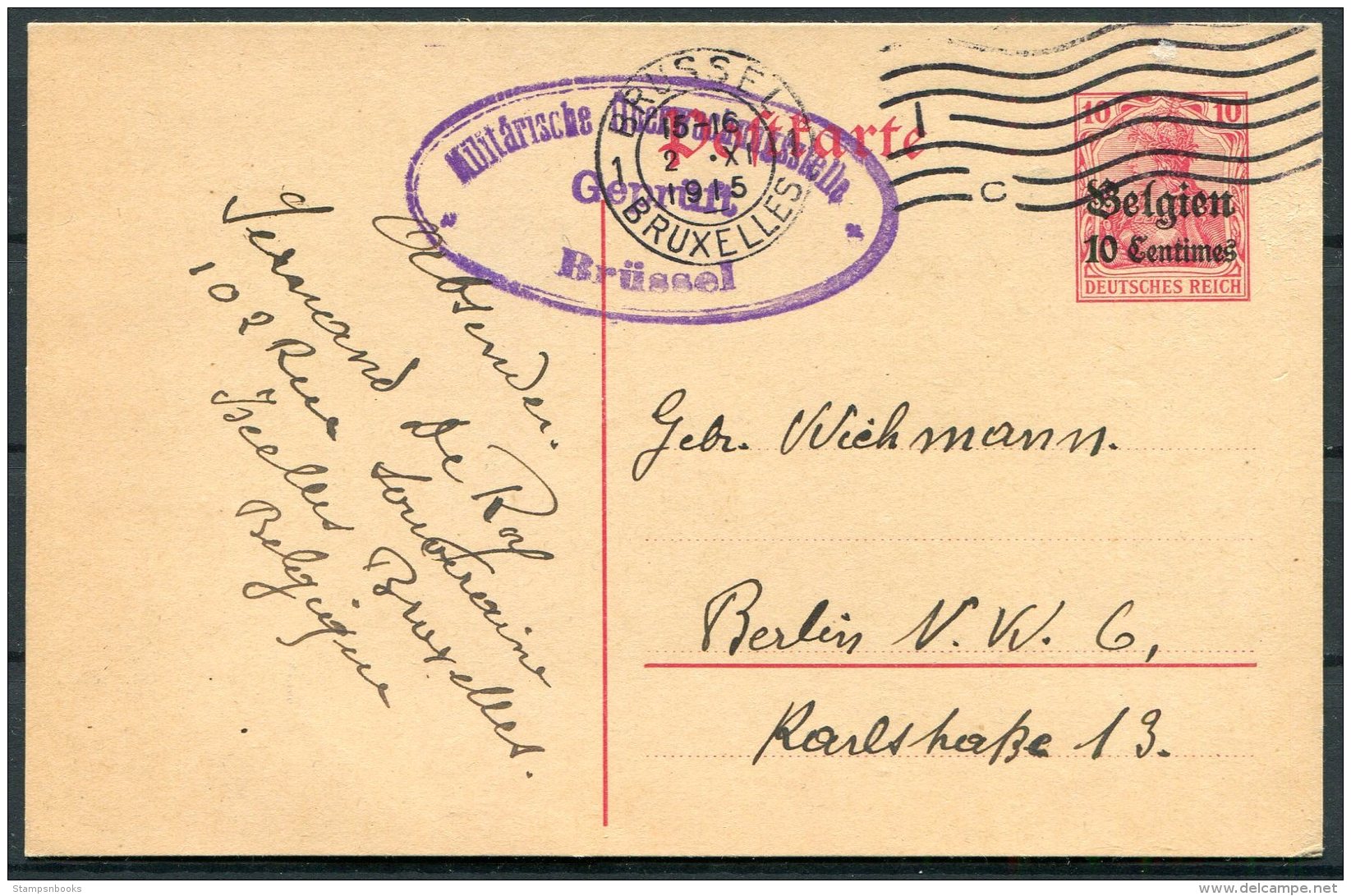 1915 Germany Belgium Censor Stationery Postcard Bruxelles - Berlin - Otros & Sin Clasificación