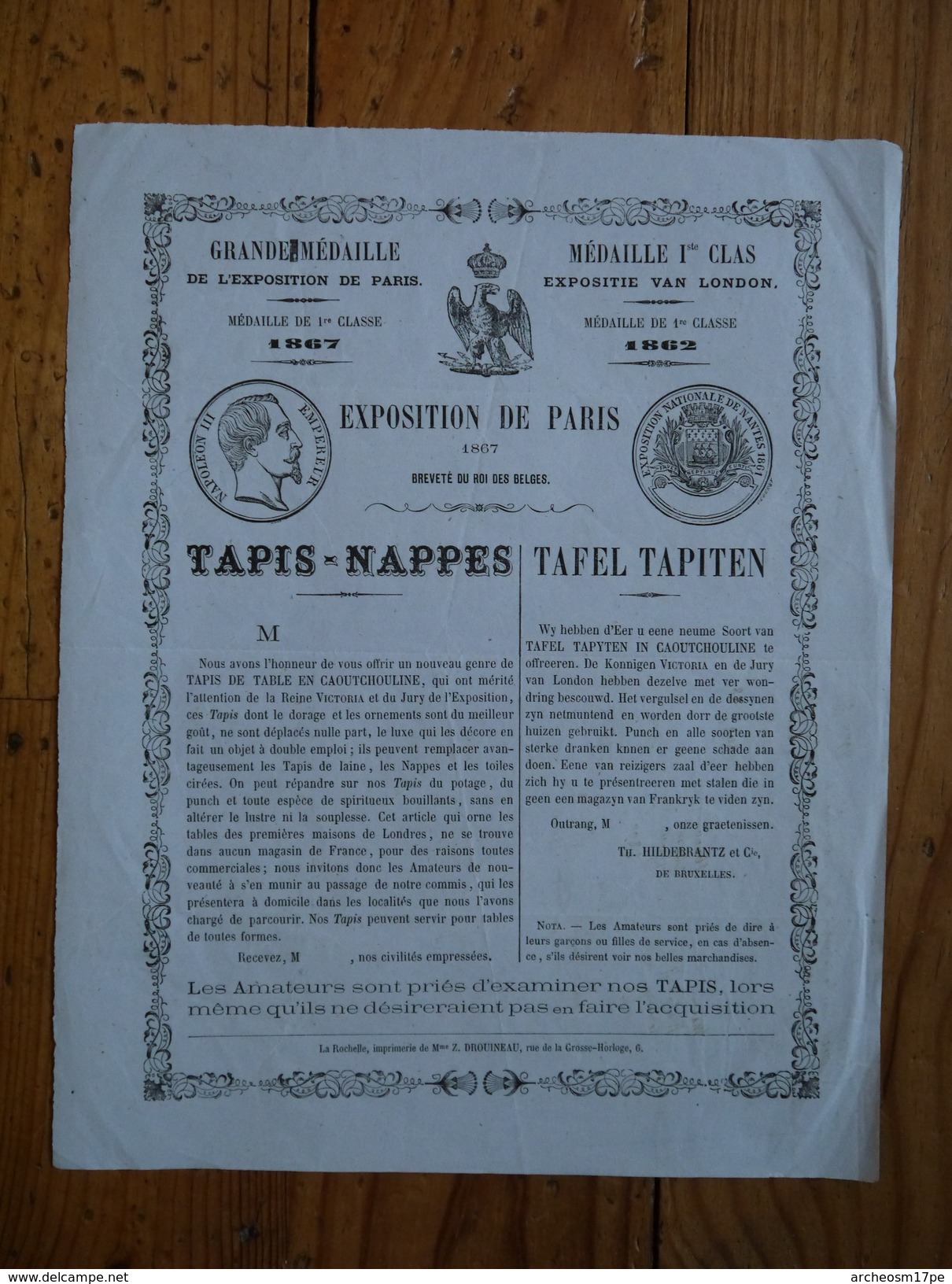 Belgique Bruxelles Th. Hildebrantz Et Cie 1867 Tapis Nappes Tafel Tapiten En Caoutchouline - 1800 – 1899