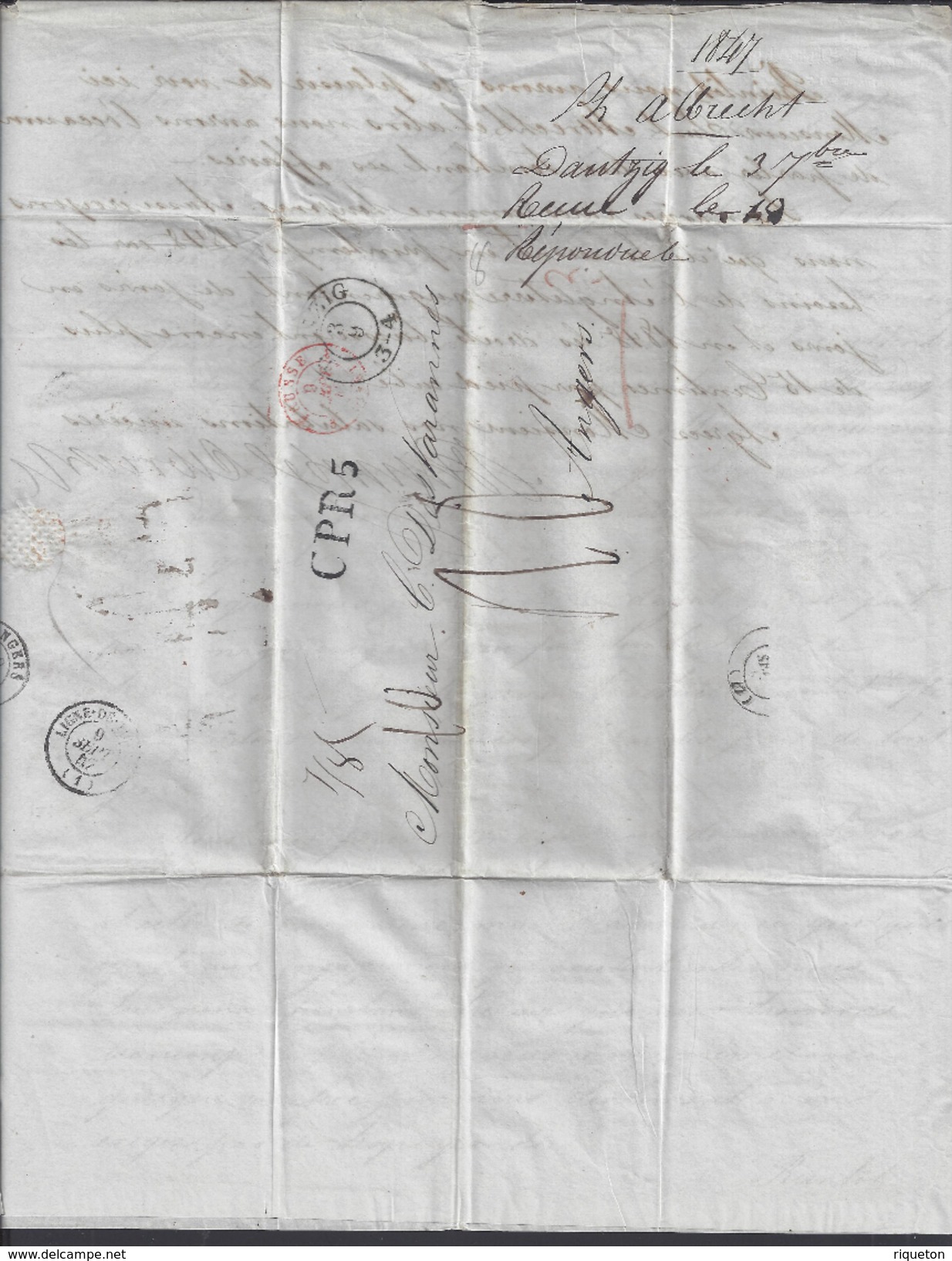 POLOGNE - 1847 - Pli De Dantzig à Destination D'Angers En Port Dû - Taxe Manuscrite 18 Décimes -  B/TB - - ...-1860 Vorphilatelie