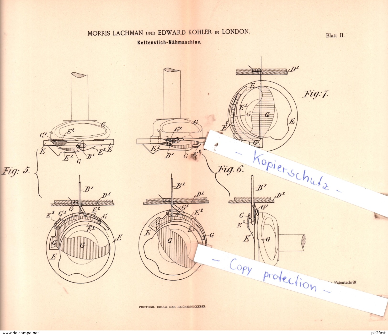 Original Patent -  Morris Lachman Und Edward Kohler In London , 1889 , Kettenstich-Nähmaschine !!! - Historical Documents