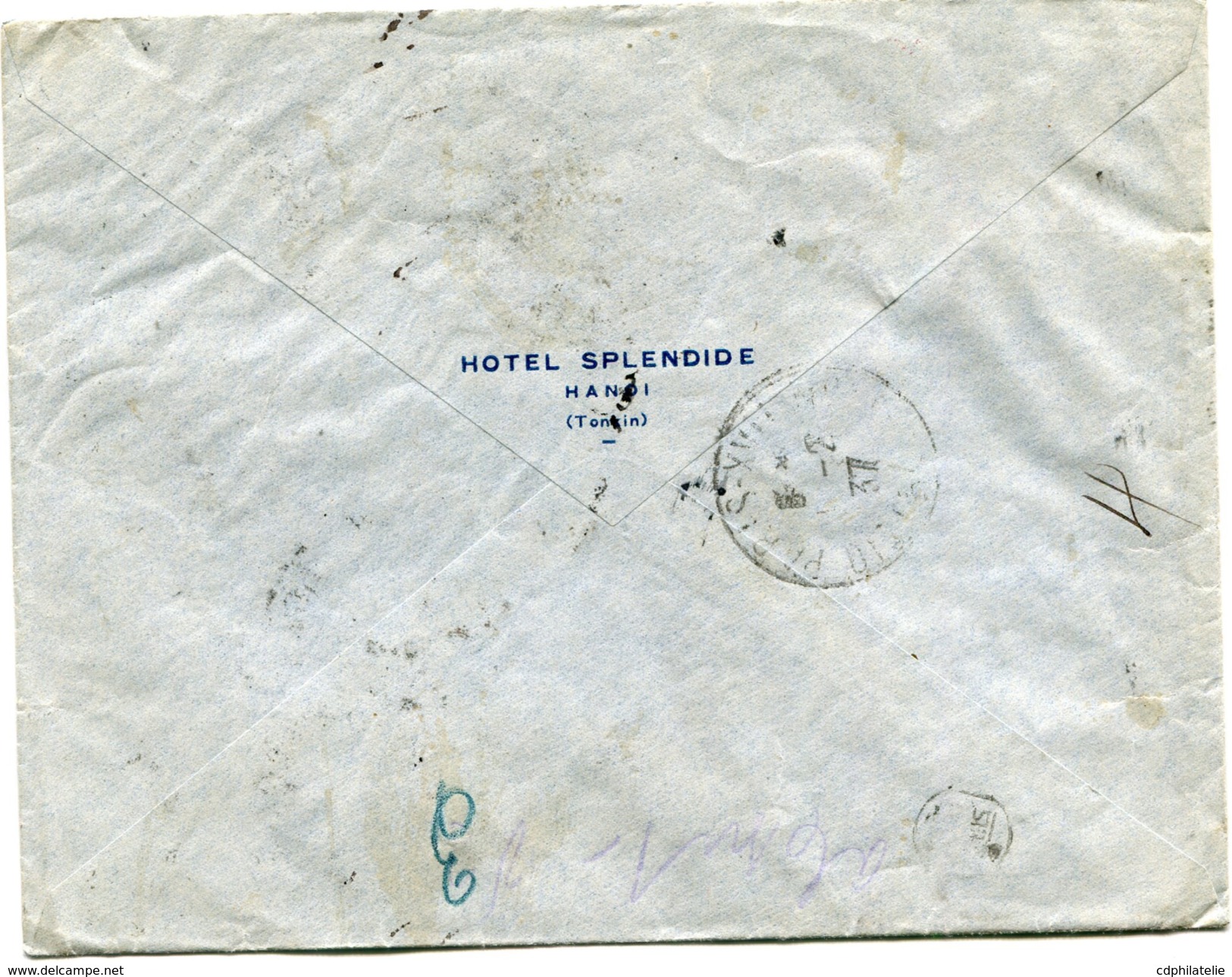 INDOCHINE LETTRE RECOMMANDEE PAR AVION DEPART HANOI R.P. 23-1-37 TONKIN POUR LA FRANCE - Poste Aérienne