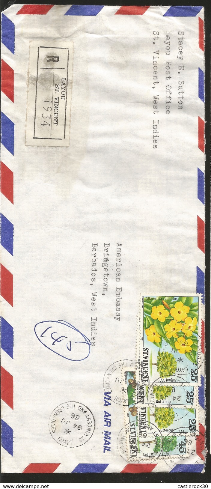 J) 1986 ST. VINCENT AND THE GRENADINES, BUTTERCUP AND LOCUST TREES, REGISTERED, AIRMAIL, CIRCULATED COVER, MULTIPLE STAM - St.Vincent Und Die Grenadinen