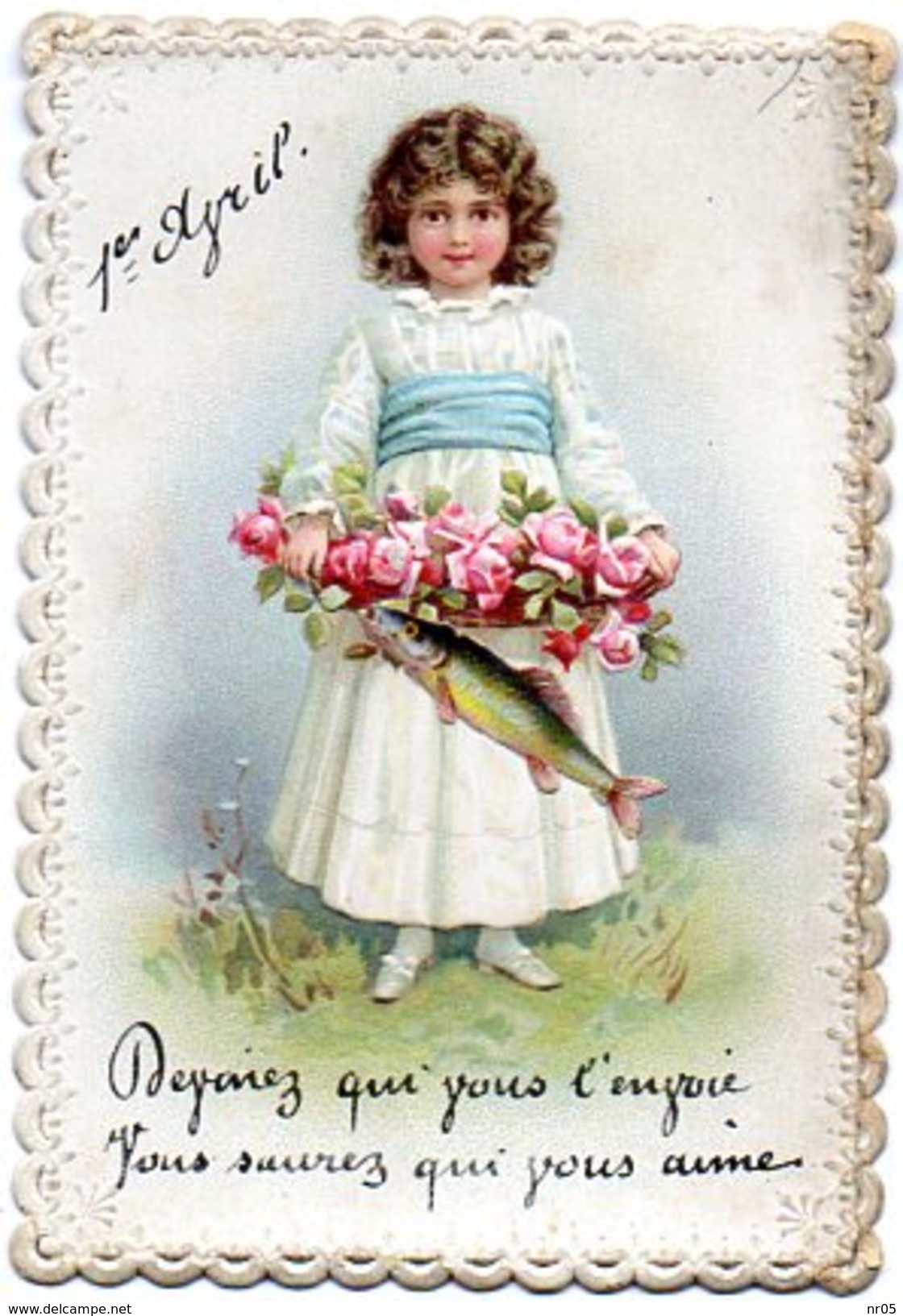 CPA ( Fantaisie ) - Fillette Portant Coupe De Fleurs Avec Un Poisson - Carte Gaufrée ( Dim : 7.5 X 11 Cm ) - Dentelée - April Fool's Day