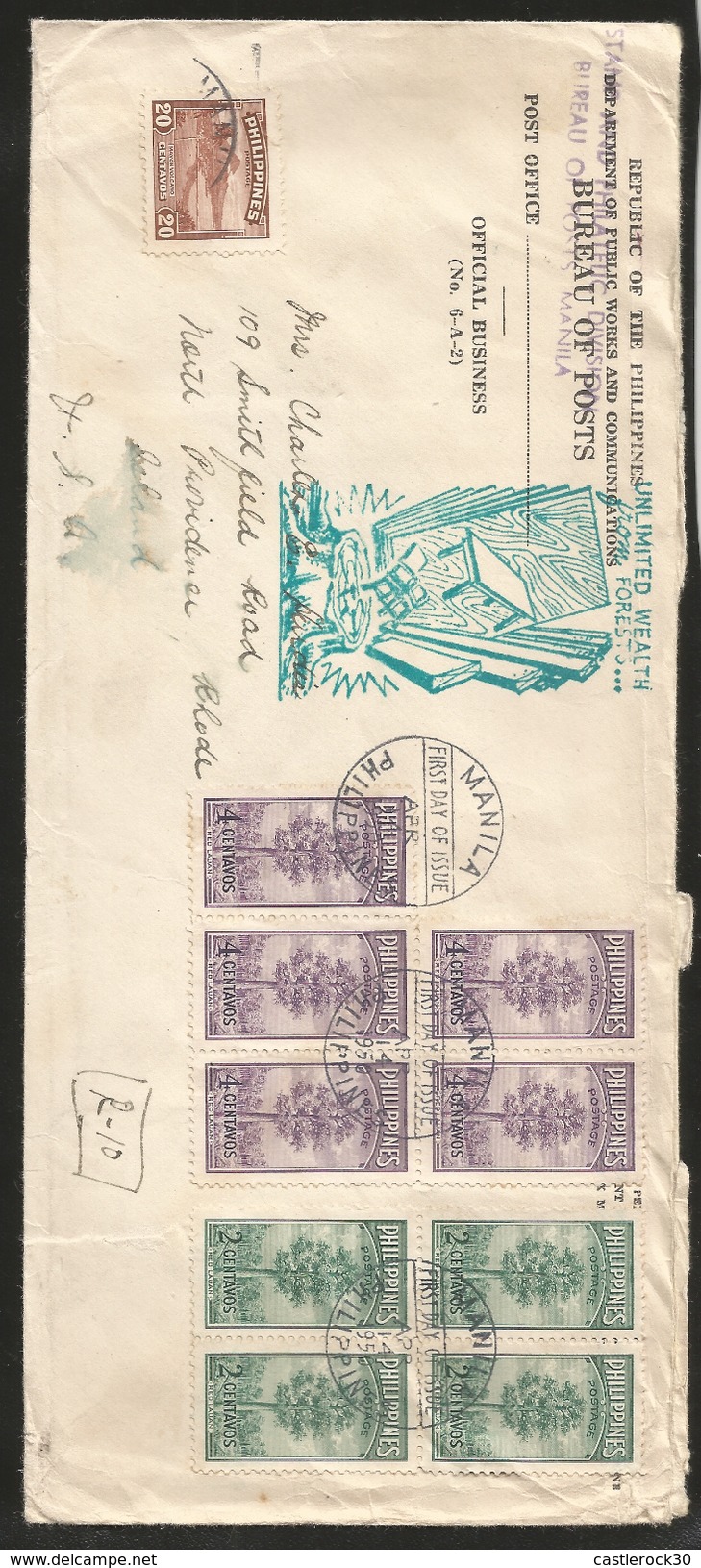 J) 1950 PHILIPPINES, PURPLE AND GREEN TREES AND MAYON VOLCANO, AIRMAIL CIRCULATED COVER, MULTIPLE STAMPS FROM PHILIPPINE - Philippines