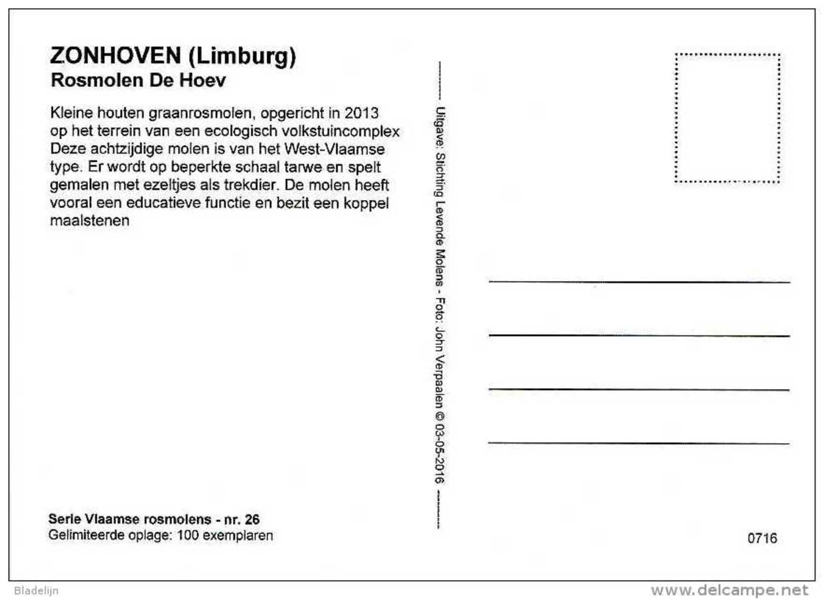 ZONHOVEN (Limburg) - Molen/moulin - Fraaie Prentkaart Van De Nieuwe Rosmolen Met Ezeltje Op Volkstuinencomplex De Hoev - Zonhoven