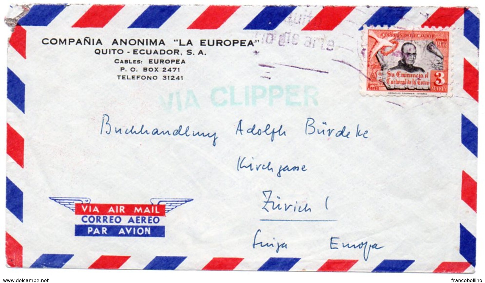 ECUADOR - AIR MAIL COVER TO SWITZERLAND / VIA CLIPPER /THEMATIC STAMP-RELIGION - Ecuador