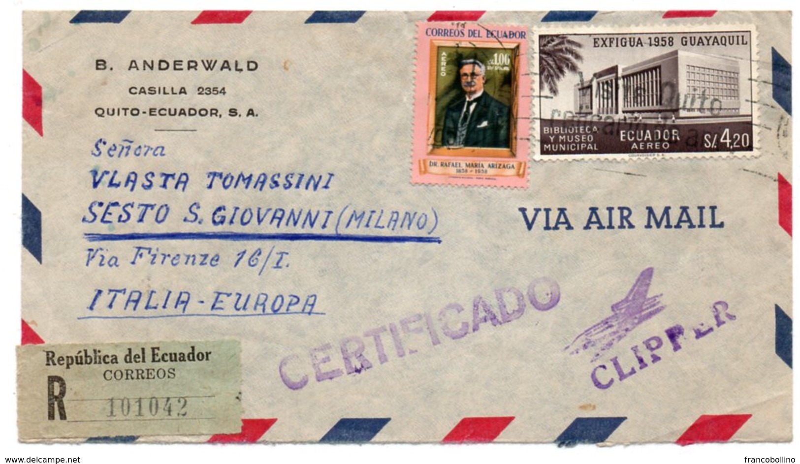 ECUADOR - REGISTERED AIR MAIL COVER TO ITALY - 1958 / VIA CLIPPER / THEMATIC STAMPS-PHIL EXPO EXFIGUA 1958 GUAYAQUIL - Ecuador