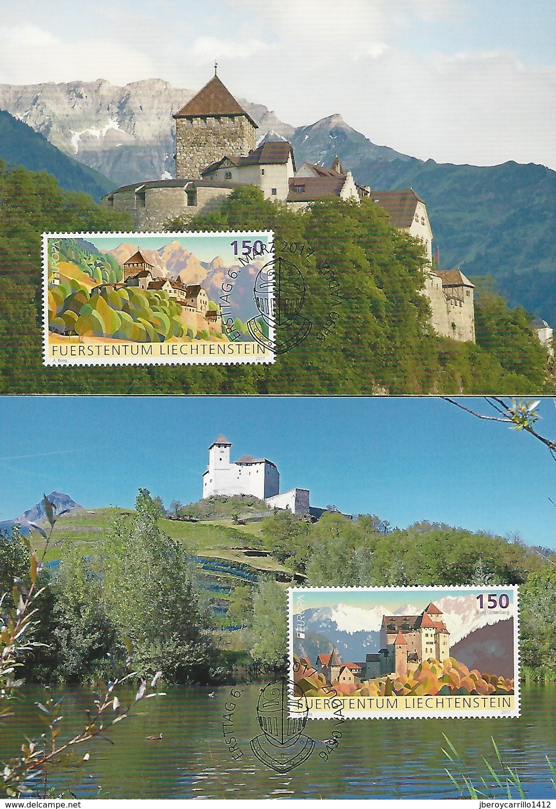 LIECHTENSTEIN.- EUROPA-CEPT 2017.-TEMA:"CASTILLOS - CASTLES - CHATEAUX - CASTELLI - SCHLÖSSER".- MAXI CARD SERIE De 2 V. - 2017