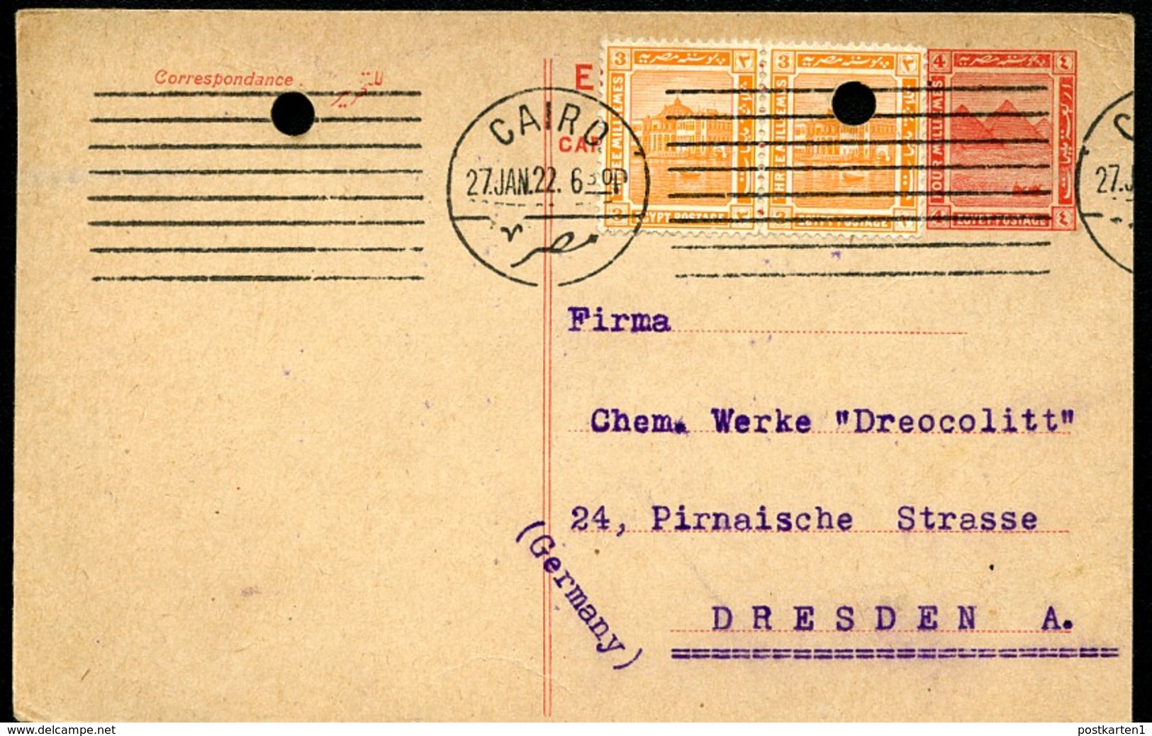 EGYPT Postal Card #21 4 Mill. Used Cairo To Germany 1922 - 1915-1921 Britischer Schutzstaat