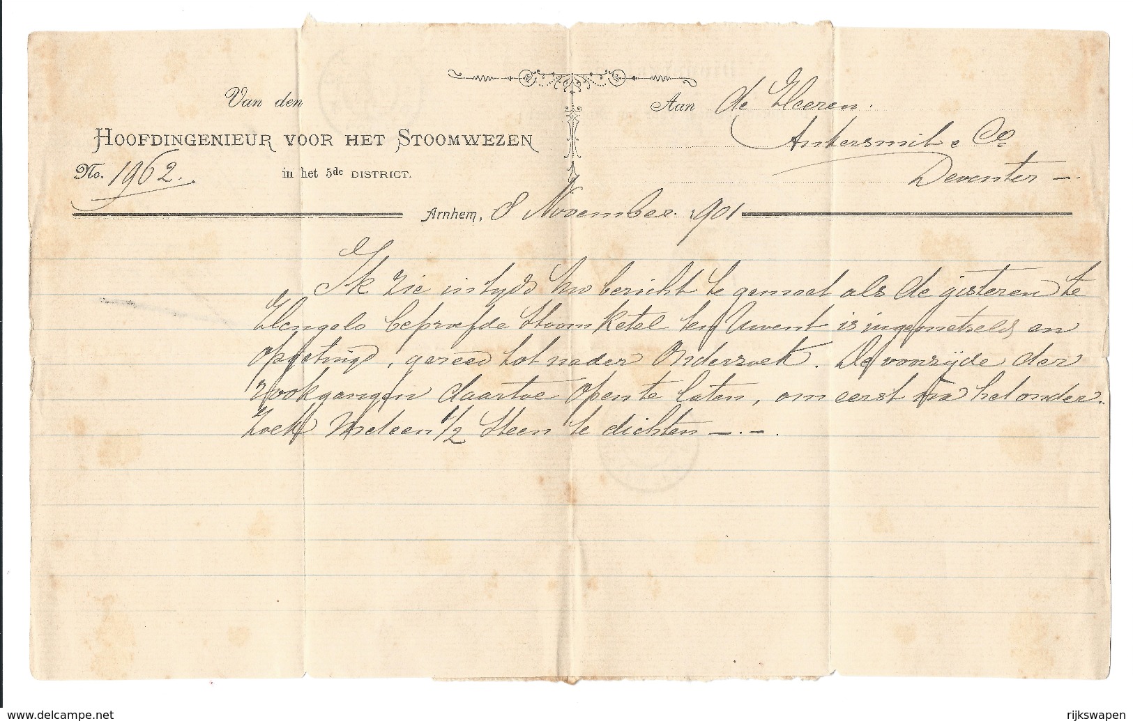 Nederland 1894 Port 5 Cent Op Dienstbrief V/h Stoomwezen Arnhem -Deventer - Covers & Documents