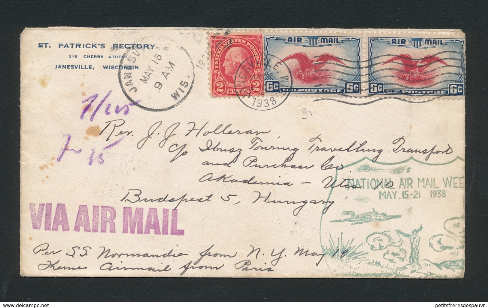 USA - Cover NATIONAL AIR MAIL WEEK MAY 15-21 1938 From Janesville Wisconsin (16 May) To Budapest Hungary (25 May) - 1c. 1918-1940 Lettres