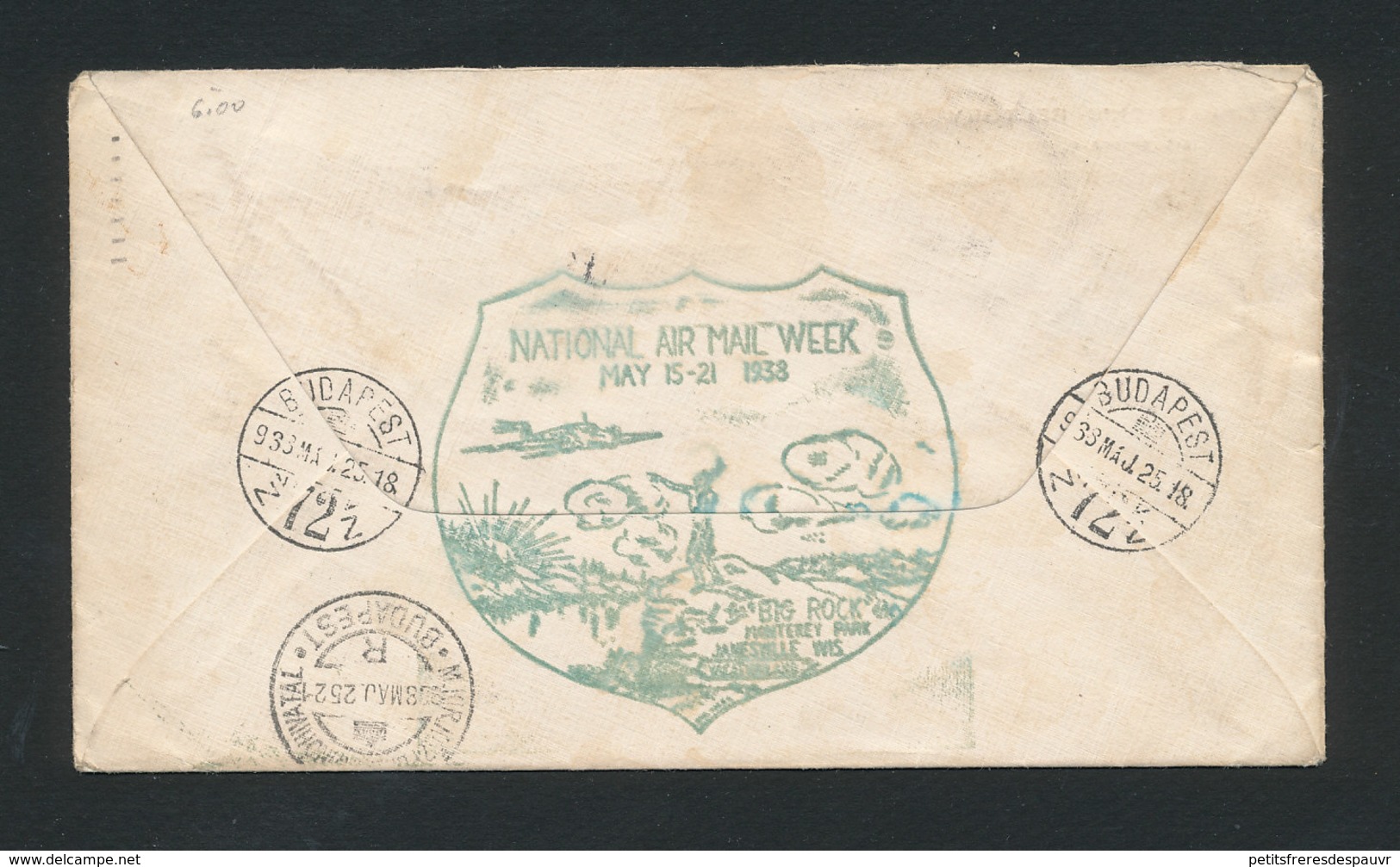 USA - Cover NATIONAL AIR MAIL WEEK MAY 15-21 1938 From Janesville Wisconsin (16 May) To Budapest Hungary (25 May) - 1c. 1918-1940 Lettres