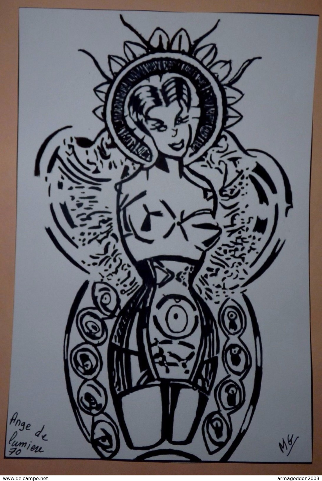 VRAI DESSIN ORIGINAL ENCRE DE CHINE SIGNÉ MG ANGE DE LUMIERE 1970 - Dessins