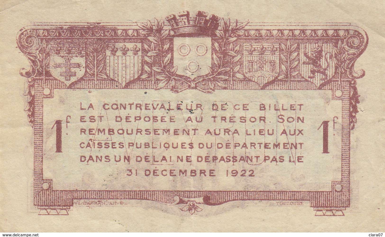 Billet Un Franc 1 F Chambre De Commerce De L' Aveyron 19-7-1917 - Chambre De Commerce