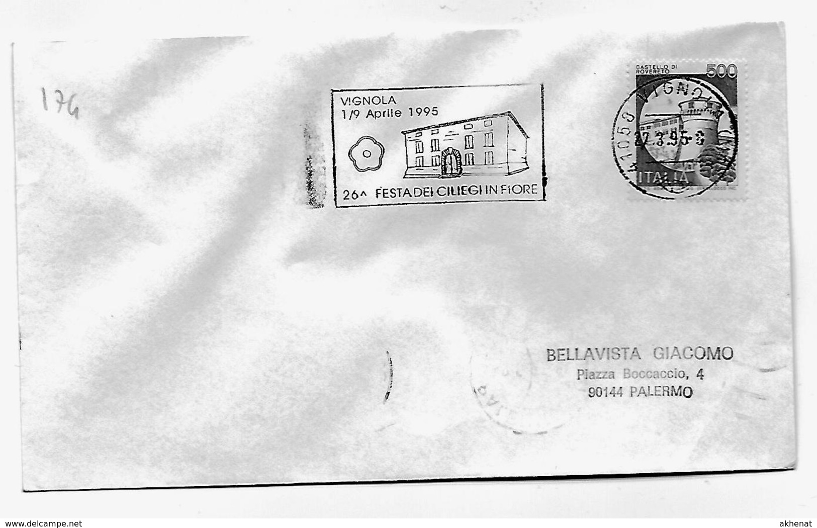 FM174 - REPUBBLICA 1995, Annullo Targhetta "    ... CILIEGI FIORE  "  : Scan In Bianco E Nero  VIGNOLA - 1991-00: Storia Postale