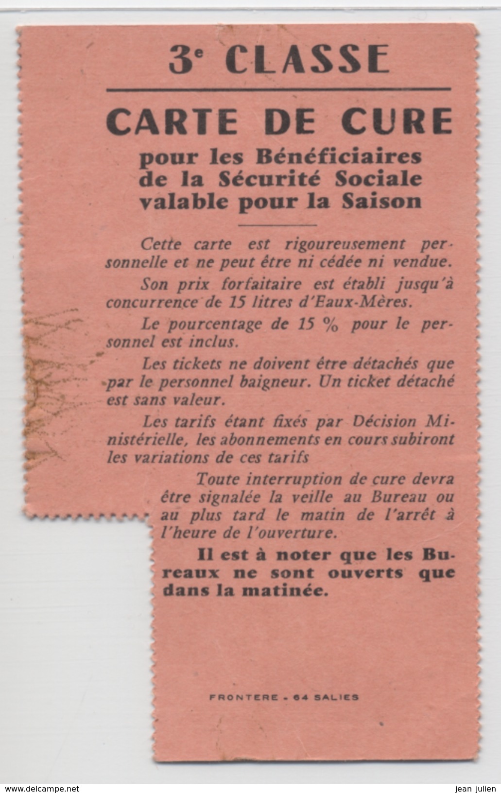 64 - SALIE De BEARN - CARTE DE CURE  - Etablissement Thermal - Curiste - Timbre Fiscal - - Biglietti D'ingresso