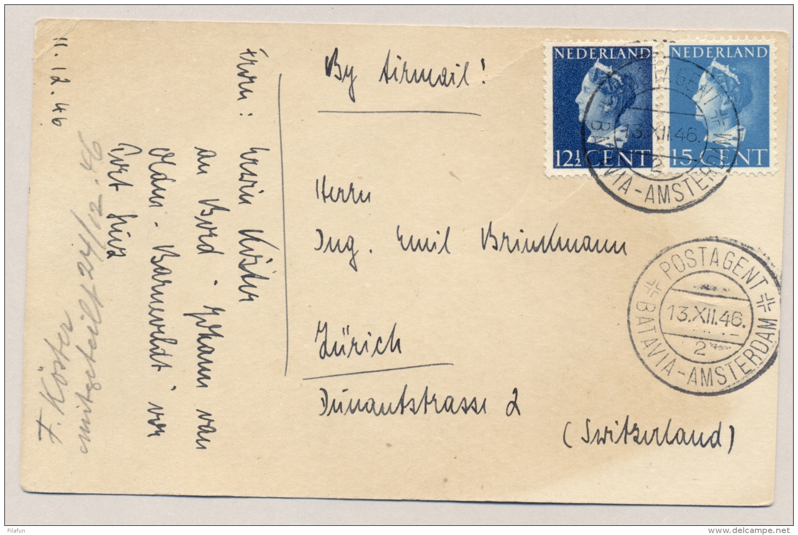 Nederland - 1946 - 12,5 En 15 Cent Konijnenburg Met KB Postagent Batavia-Amsterdam/2 Naar Zürich / Schweiz - Brieven En Documenten