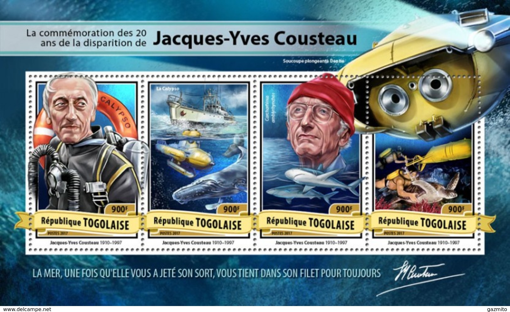 Togo 2017, Jacques Yves Cousteau, Turtles, Whales, Sharks, Submarines, 4val In BF - Plongée