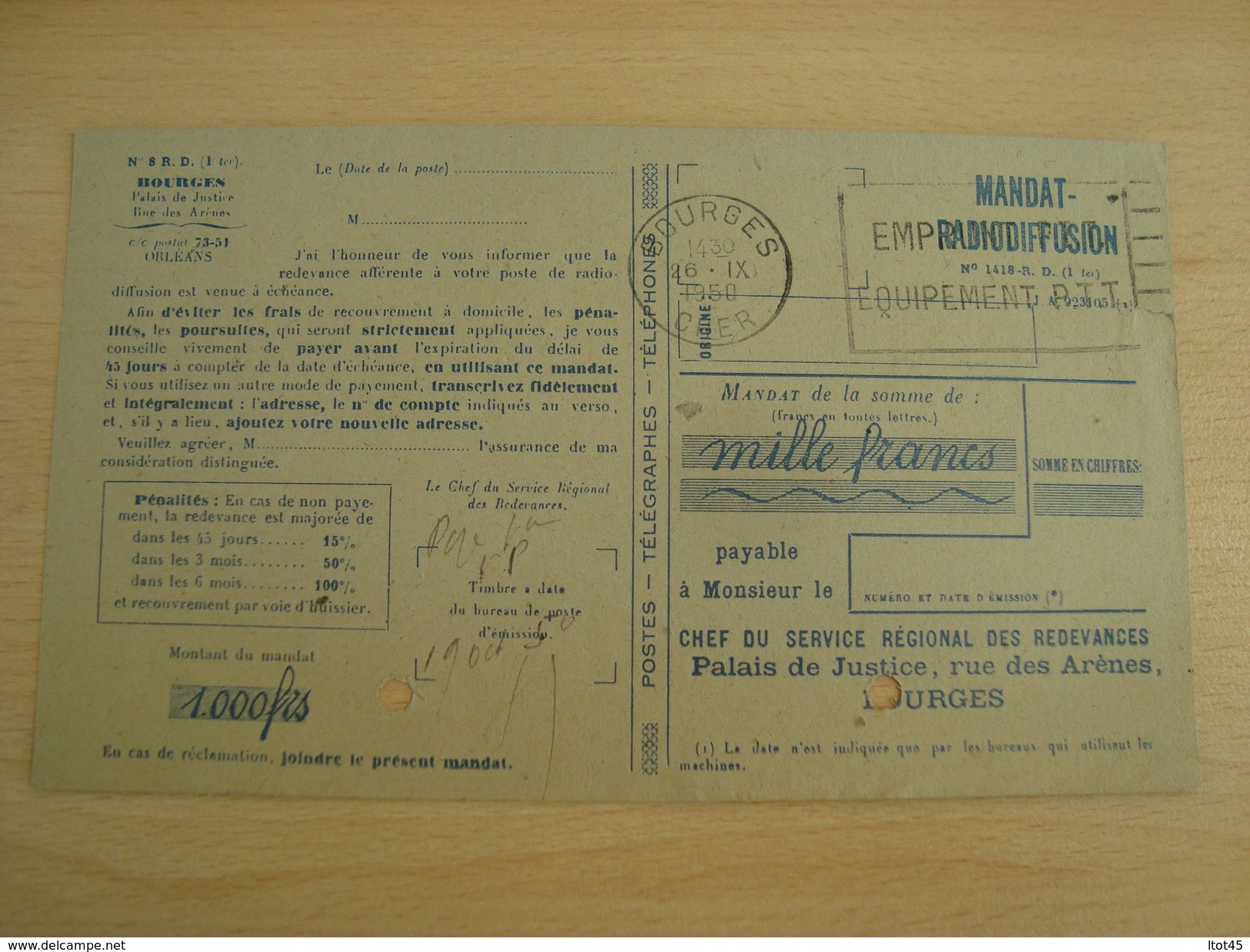 CPA MANDAT RADIO-DIFFUSION FRANCAISE 1950 - Autres & Non Classés