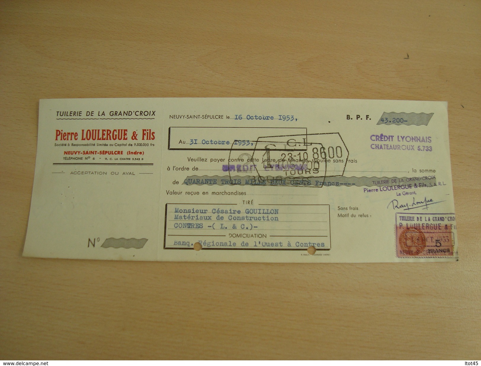 CHEQUE PIERRE LOULERGUE Neuvy-saint-Sépulcre TUILERIE 1953 - Chèques & Chèques De Voyage