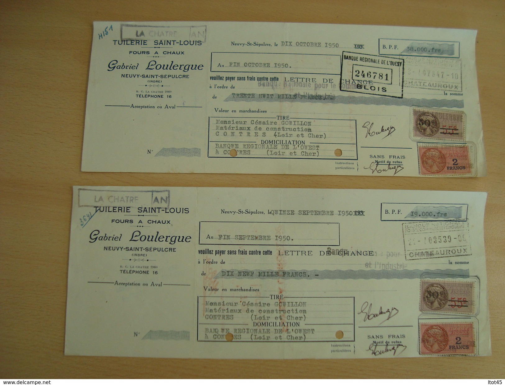 LOT DE 2 CHEQUES GABRIEL LOULERGUE TUILERIE SAINT-LOUIS Neuvy-saint-Sépulcre 1950 - Chèques & Chèques De Voyage