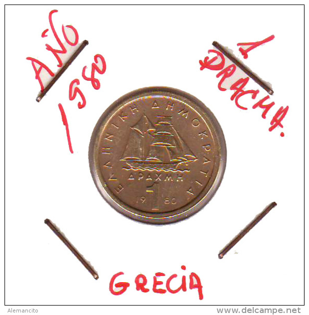 GRECIA  -  GREECE -  MONEDA DE  1  DRACHMA   AÑO 1980 -   Nickel-Brass, 21 Mm. - Grecia