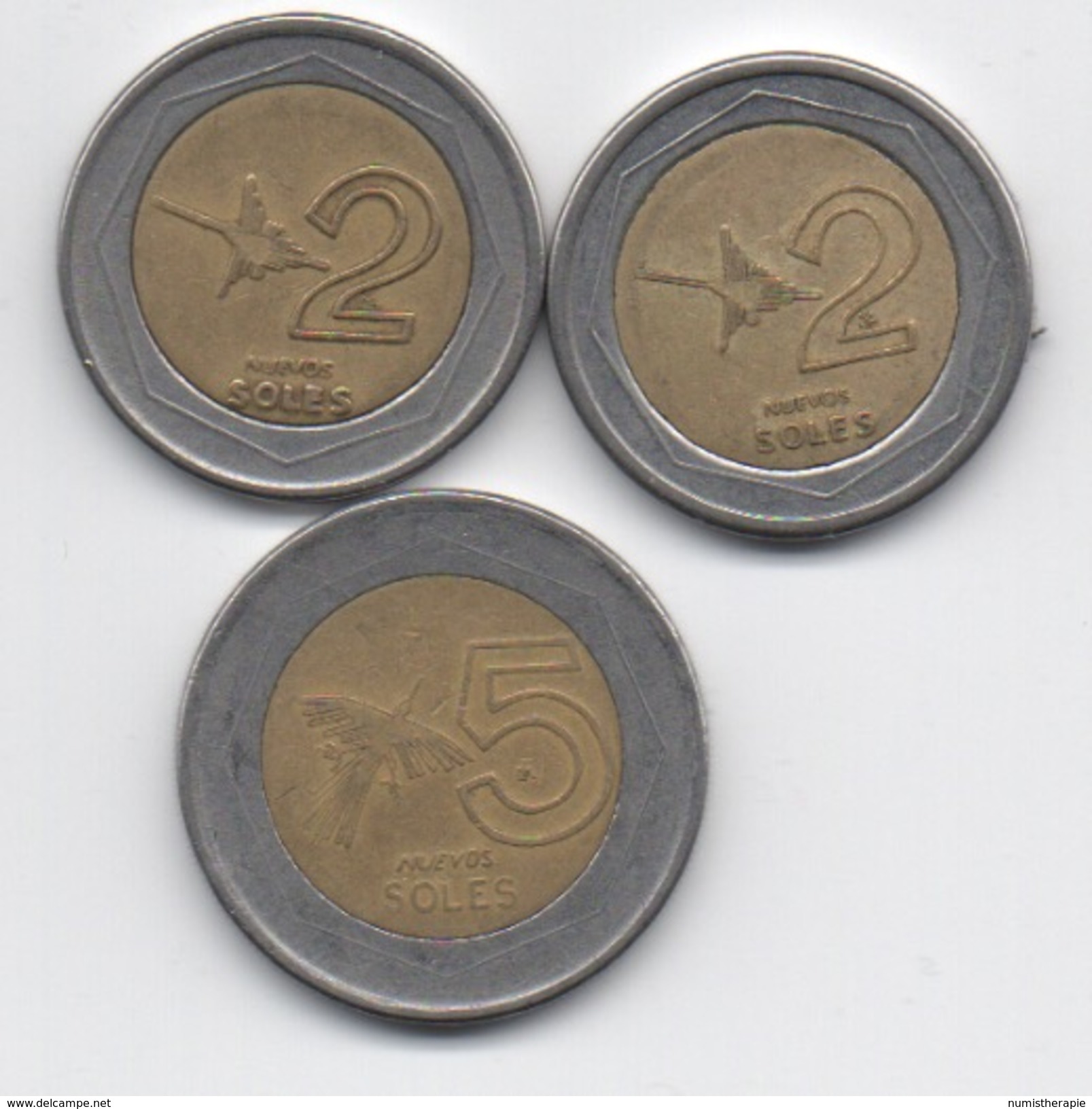 Pérou : Lot De 3 Pièces BIMETAL : 2 Nuevos Soles 1 9 9 5 - 2004 & 5 Nuevos Soles 2 0 0 9 - Peru