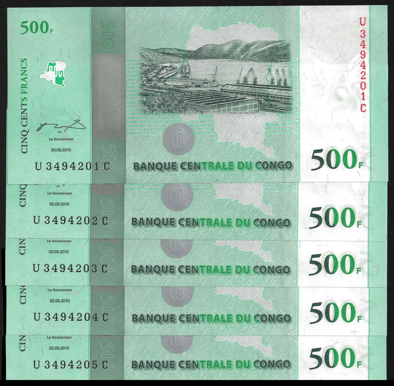 Congo 500 FRANCS 50th Ann. 2010 P 100 UNC LOT X 5 PCS - Republic Of Congo (Congo-Brazzaville)