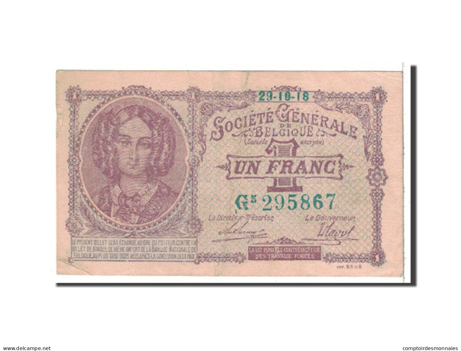 Billet, Belgique, 1 Franc, 1918, 1918-10-29, KM:86b, TTB - 1-2 Francs