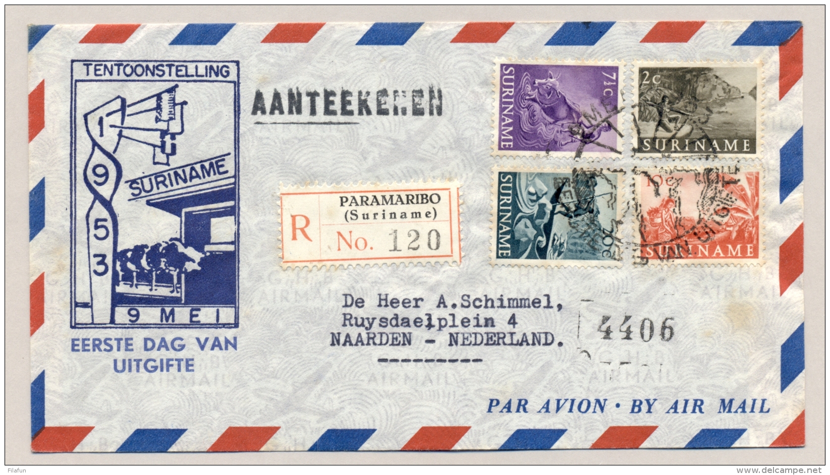 Suriname - 1953 - R-cover Met 4 Zegels 1e Dag Naar Naarden / Nederland - E1 - Suriname ... - 1975