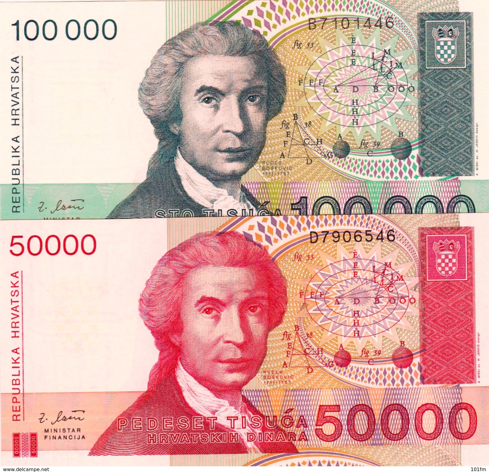 CROATIA - HRVATSKA -  50000 & 100000 Dinara 1993 2 PCS. - Croazia
