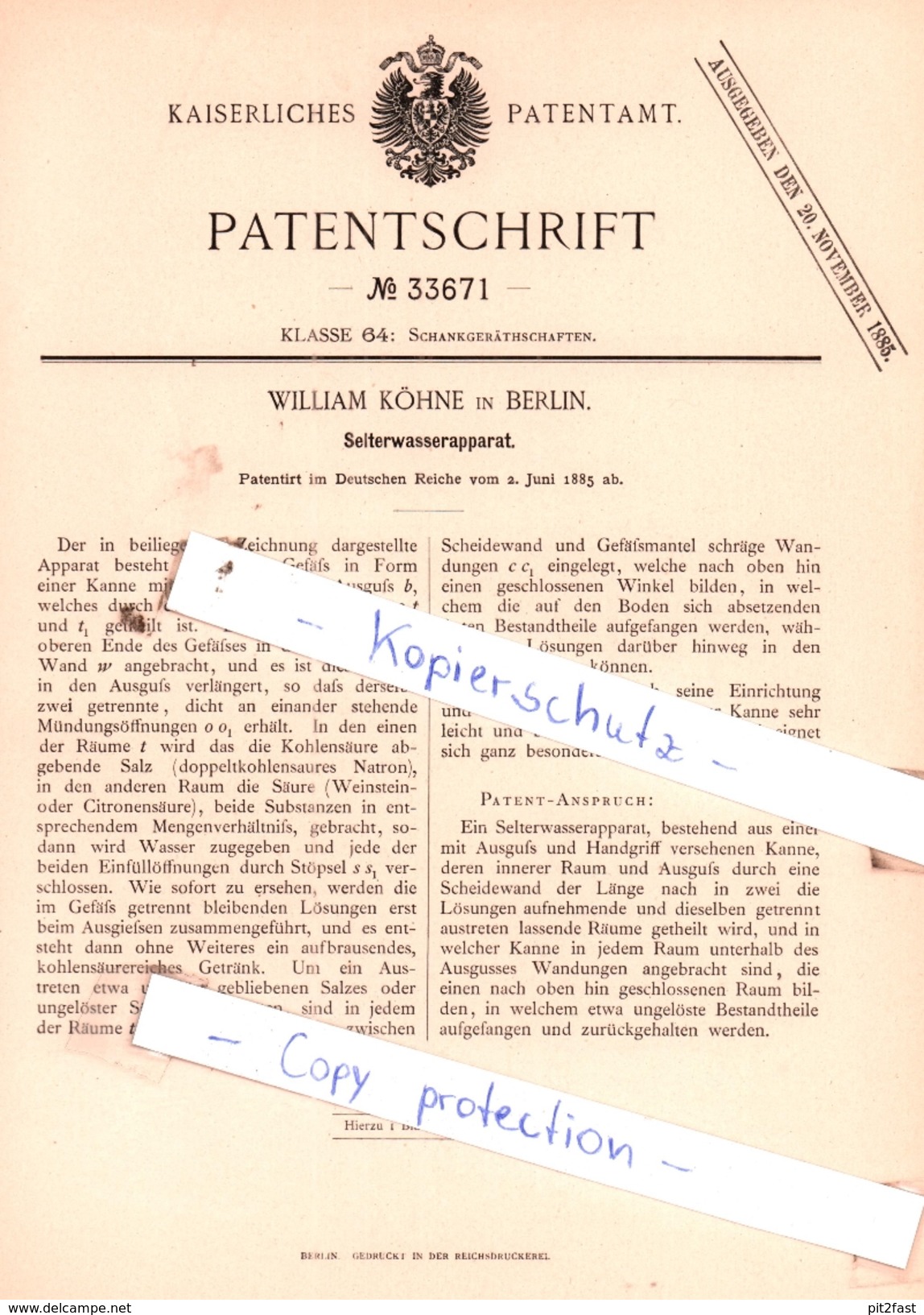 Original Patent - William Köhne In Berlin , 1885 , Selterwasserapparat !!! - Historische Dokumente