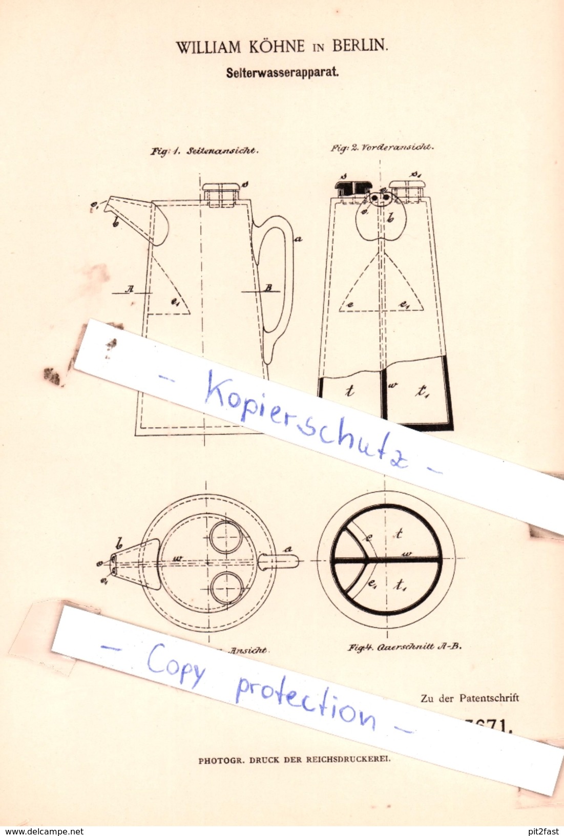 Original Patent - William Köhne In Berlin , 1885 , Selterwasserapparat !!! - Historische Dokumente