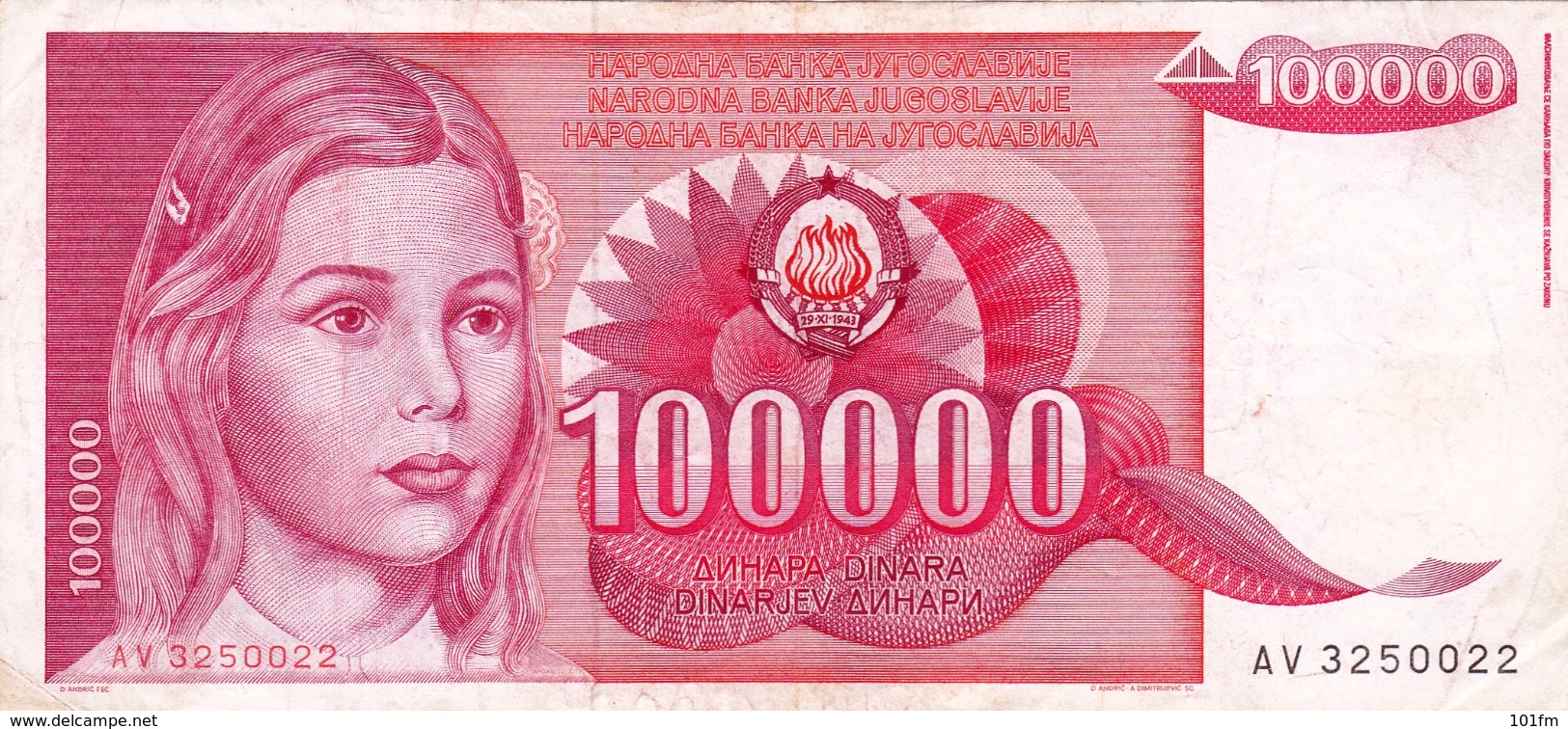 Yugoslavia , SFRJ  100000  Dinara 1989 - Joegoslavië