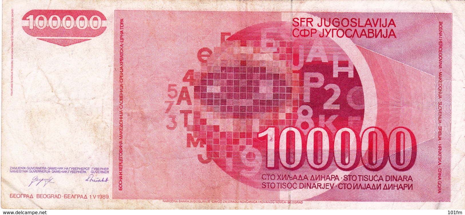 Yugoslavia , SFRJ  100000  Dinara 1989 - Joegoslavië