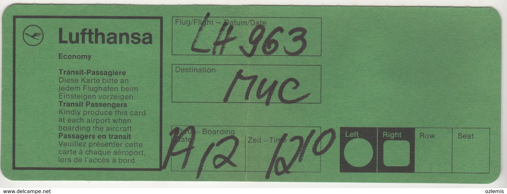 LUFTHANSA AIRLINES BOARDING PASSES USED - Carte D'imbarco