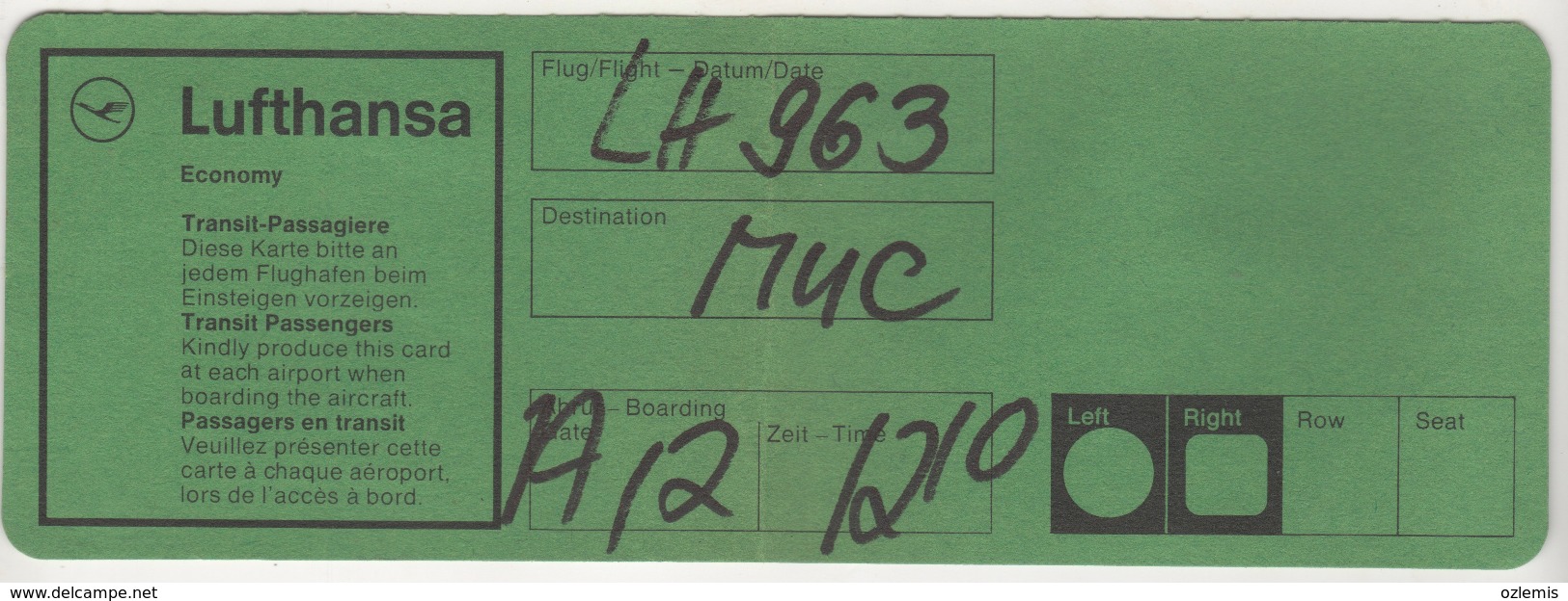 LUFTHANSA AIRLINES BOARDING PASSES USED - Tarjetas De Embarque