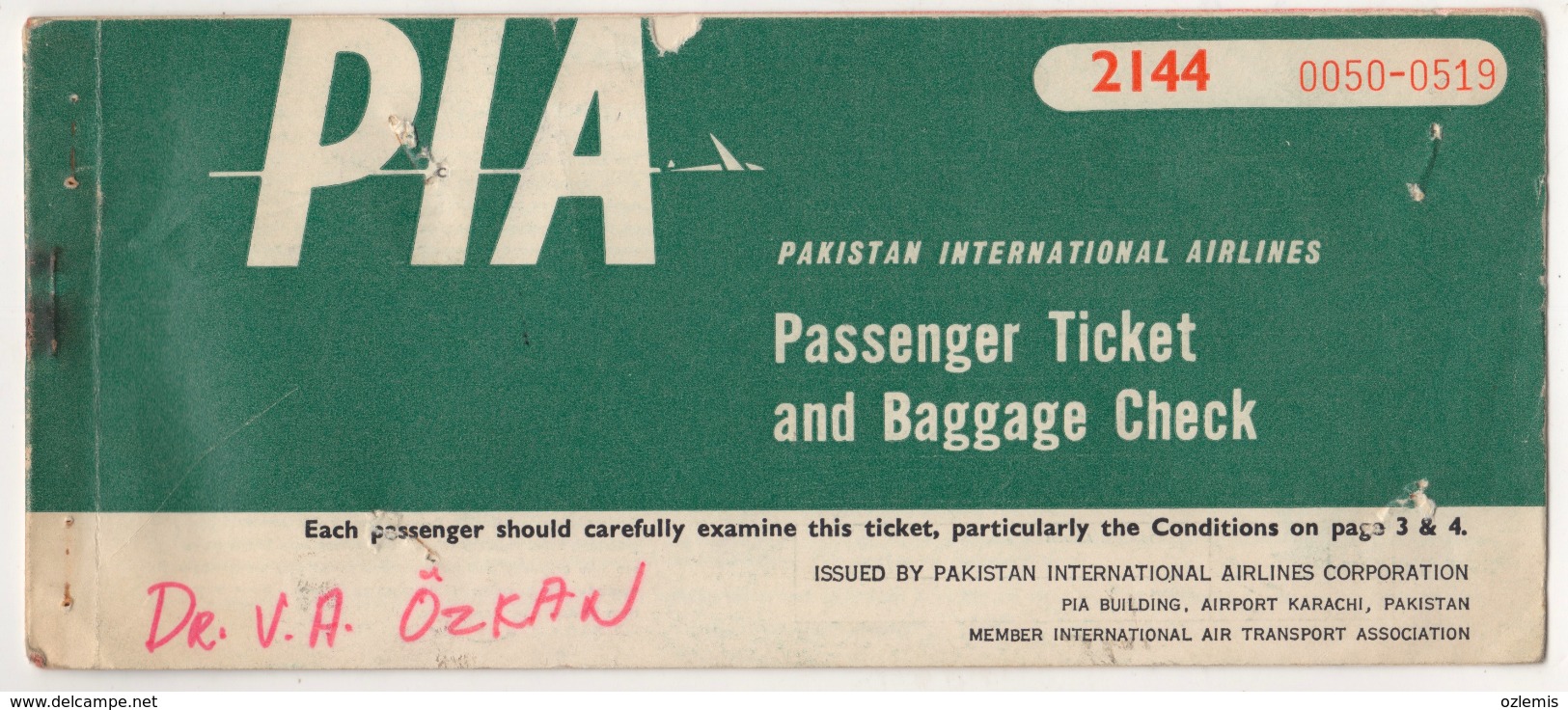 PIA,PAKISTAN INTERNATIONAL AIRLINES PASSENGER TICKET - Tickets