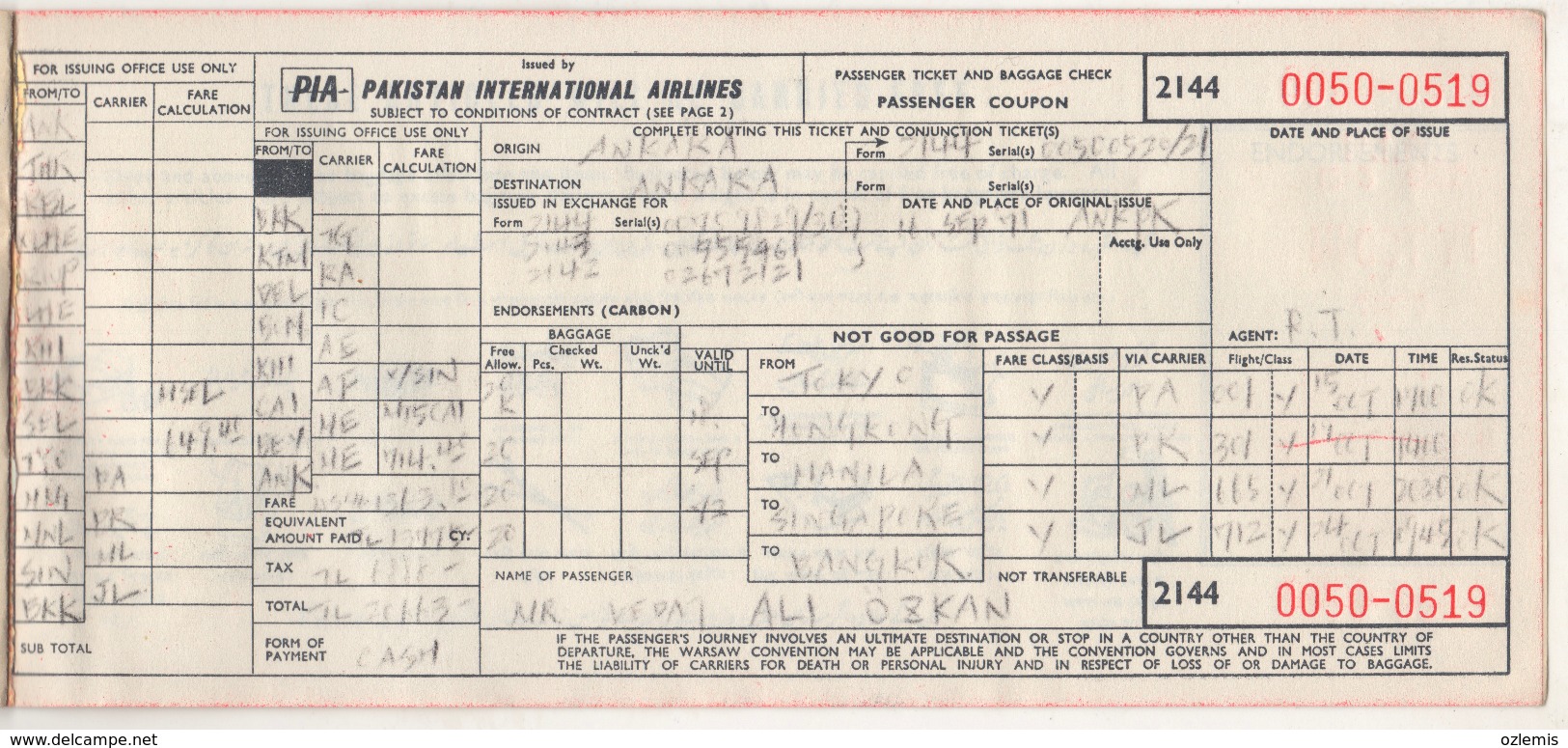 PIA,PAKISTAN INTERNATIONAL AIRLINES PASSENGER TICKET - Tickets