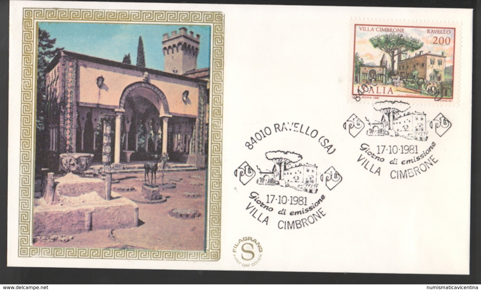 FDC Italia 1981 Villa Cimbrone Ravello Filagrano Gold Da 200 Lire - FDC