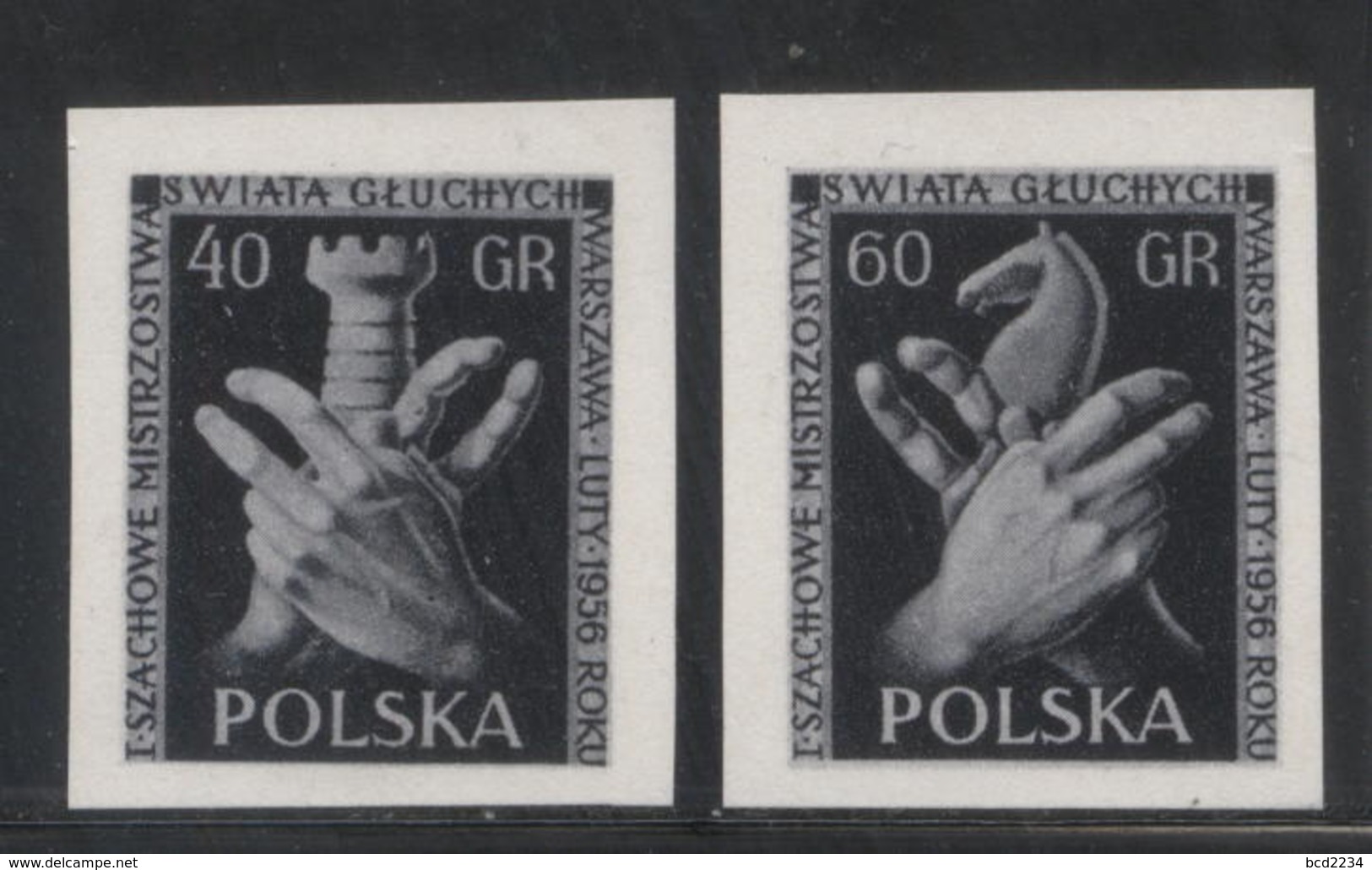 POLAND 1956 WORLD DEAF CHESS CHAMPS BLACK PRINTS NHM Sign Language Games Horses Knight Rook Castle - Proofs & Reprints