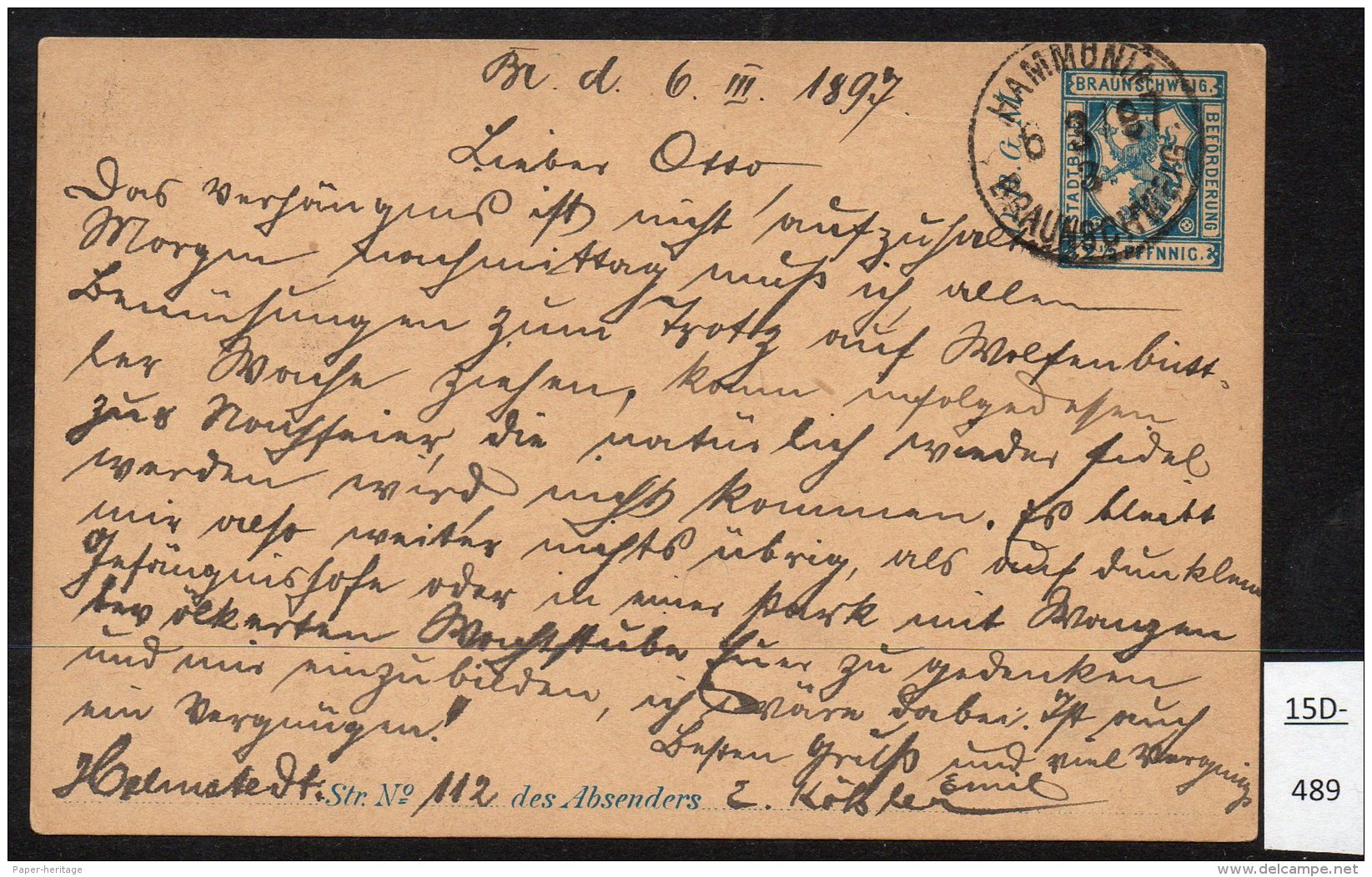 Stadtbrief Braunschweig Beforderung 2&frac12;pf Blue Lion Design Ganzsache, Used, Hammonia / Braunschweig 6.3.1897. - Private & Local Mails