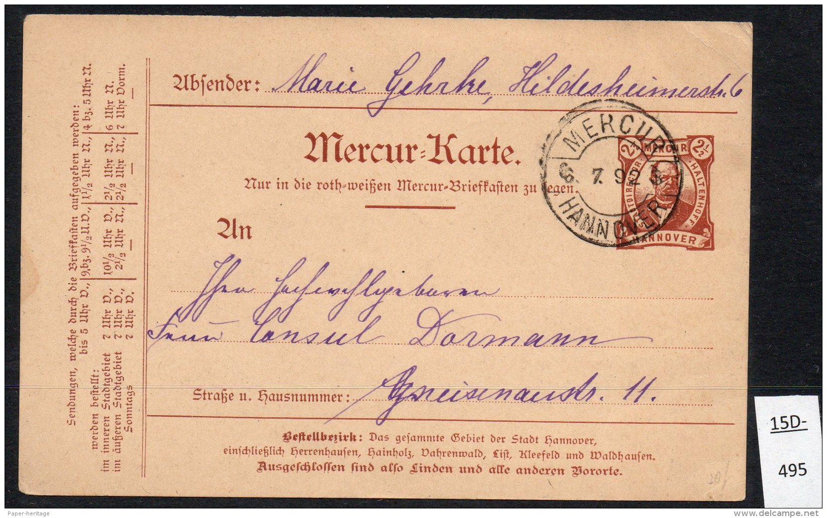 Mercur Hannover Stadtpost 2&frac12;pf Ganzsache Used Postal Stationery Card, 1892. - Private & Local Mails