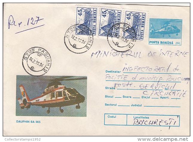 57913- DAUPHIN SA 365 HELICOPTER, REGISTERED COVER STATIONERY, RESTAURANT STAMPS, 1995, ROMANIA - Helicópteros
