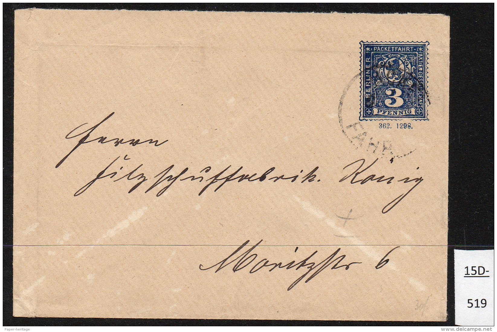 Berlin Packetfahrt 3Pf  Blue Ganzsache (Umschlag) No. 362 (1298), 125x89 Mms, Used. - Private & Local Mails