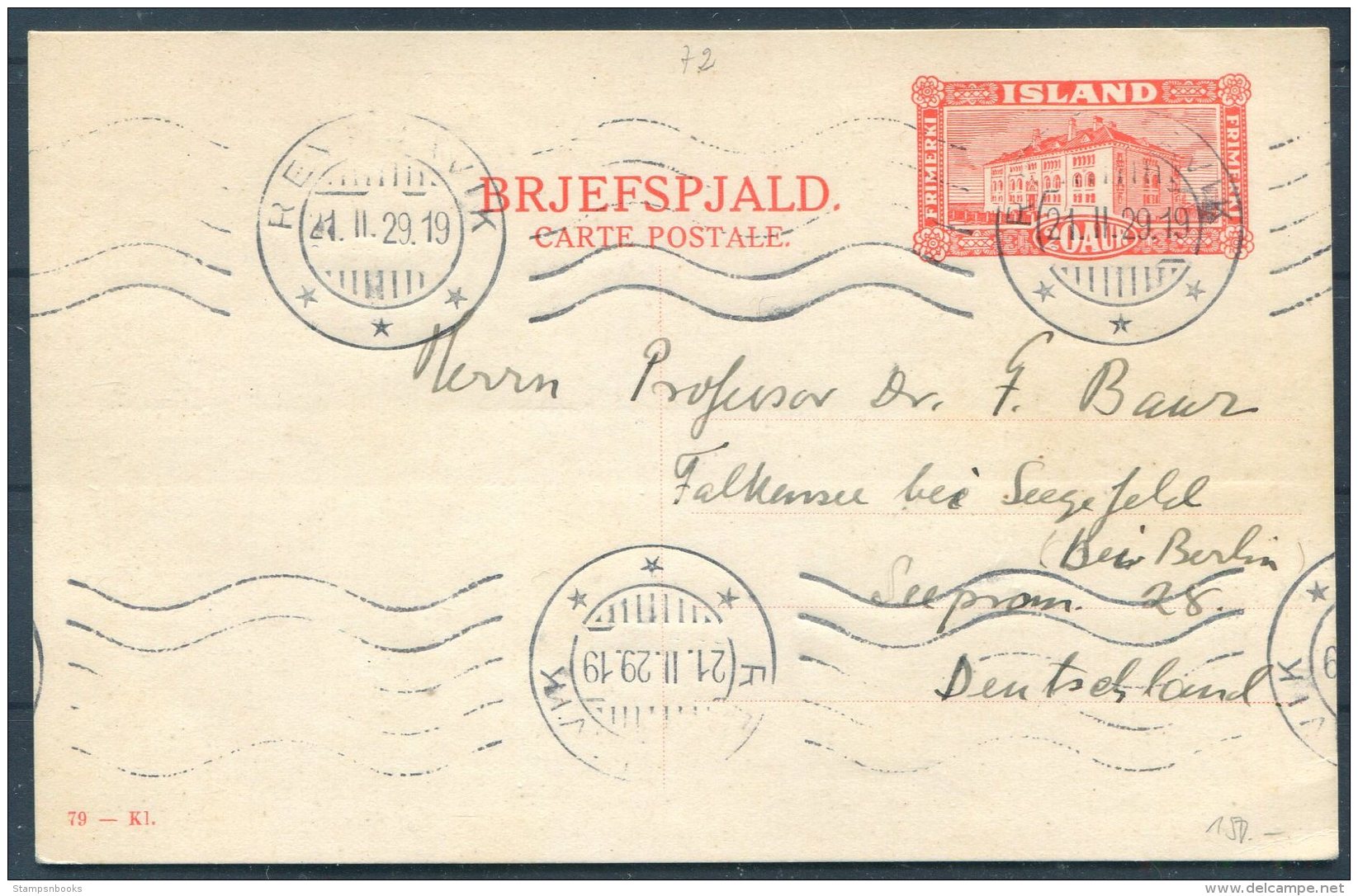 1929 Iceland National Museum 20 Aur Stationery Postcard, Brjefspjald. Reykjavik - Berlin. Nice Commercial Useage - Covers & Documents