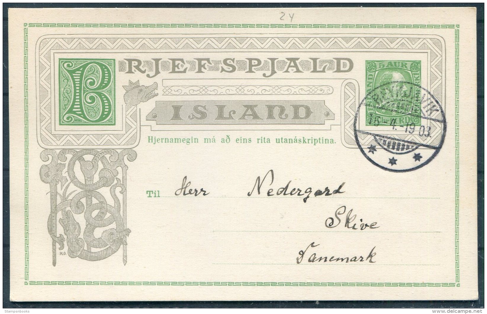 1903 Iceland 5 Aur Chistian 9th Stationery Postcard, Brjefspjald. Reykjavik - Denmark - Covers & Documents