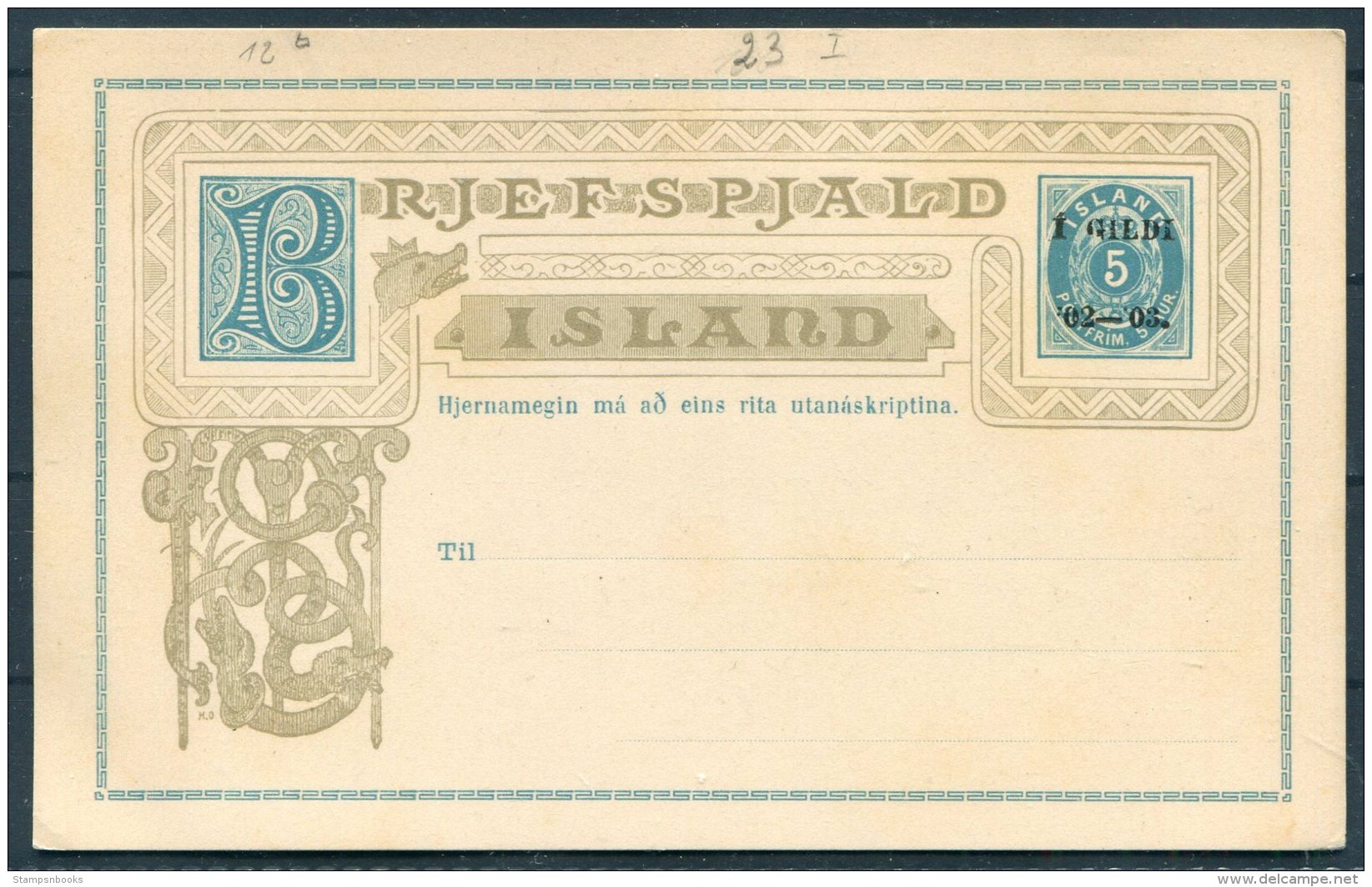 1902/3 Iceland 5 Aur Overprint Brjefspjald Stationery Postcard - Postal Stationery