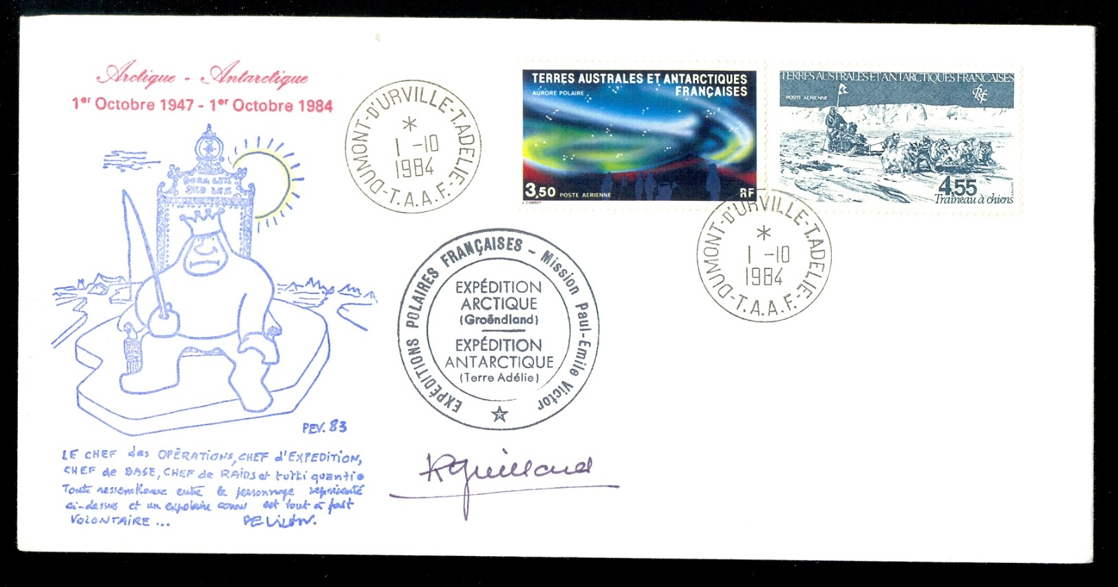 TAAF COVER POLAR EXPEDITION ANTARCTICA GREENLAND 1984 MISSION PAUL EMILE VICTOR * TERRE ADELIE - Brieven En Documenten