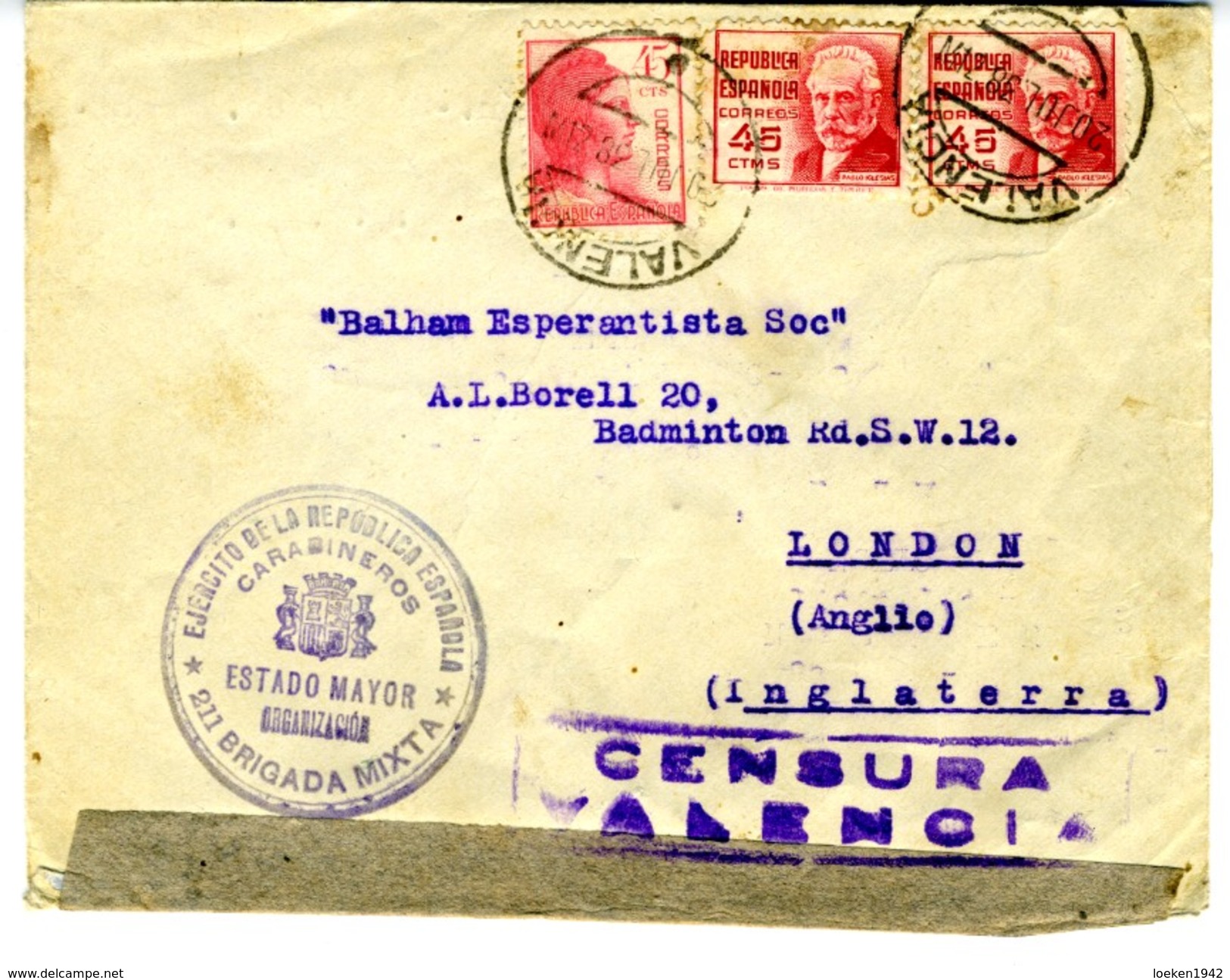 1938 GUERRA CIVIL CARTA 211 BRIGADA MIXTA/ CARABINEROS    Hasta London   EL480 - Cartas & Documentos